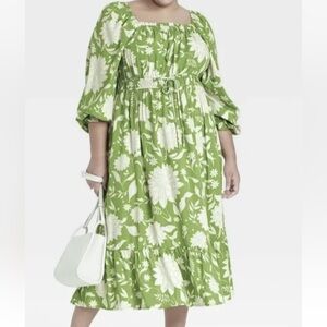 Green Prairie Dress Boho Peasant Cottagecore Tiered Pockets